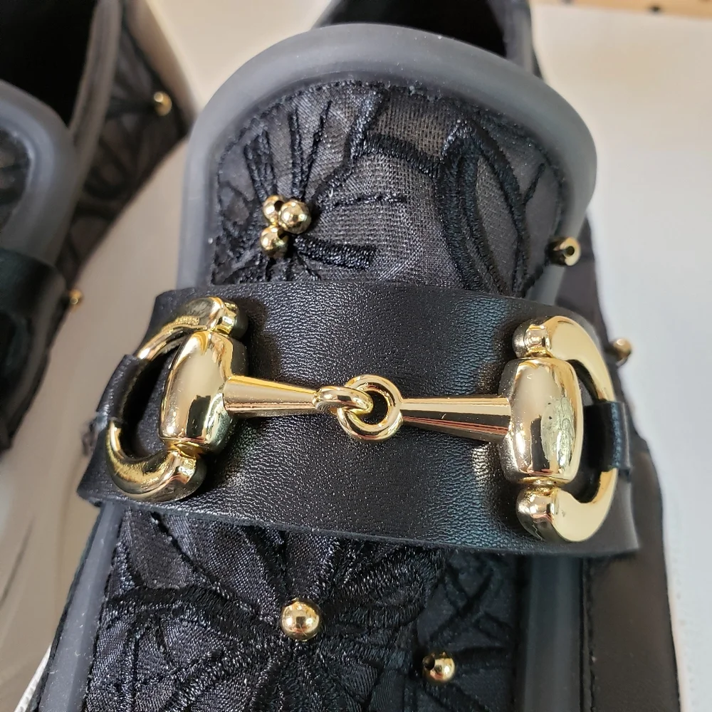 J Slides Black Lace Platform Loafers with Gold Hardware